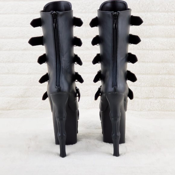 Skull & Bones Platform 8" Heel Mid Calf Boots Multiple Straps Vortex - Picture 12 of 16